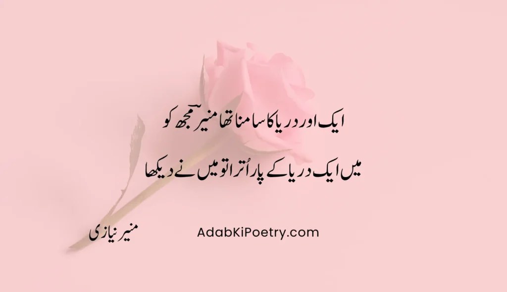 ایک اور دریا کا سامنا تھا منیرؔ مجھ کو میں ایک دریا کے پار اُترا تو میں نے دیکھا